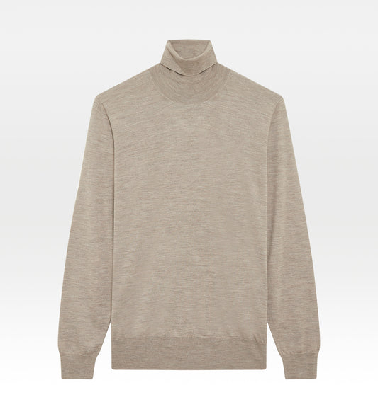 Pull col roulé beige en laine, cachemire & soie