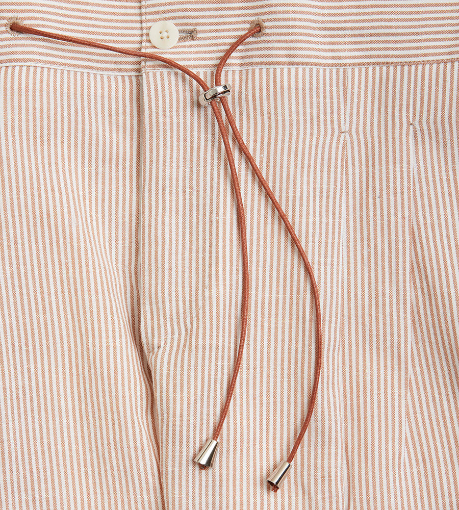 Pantalon en laine et lin rayé marron clair & blanc à cordon