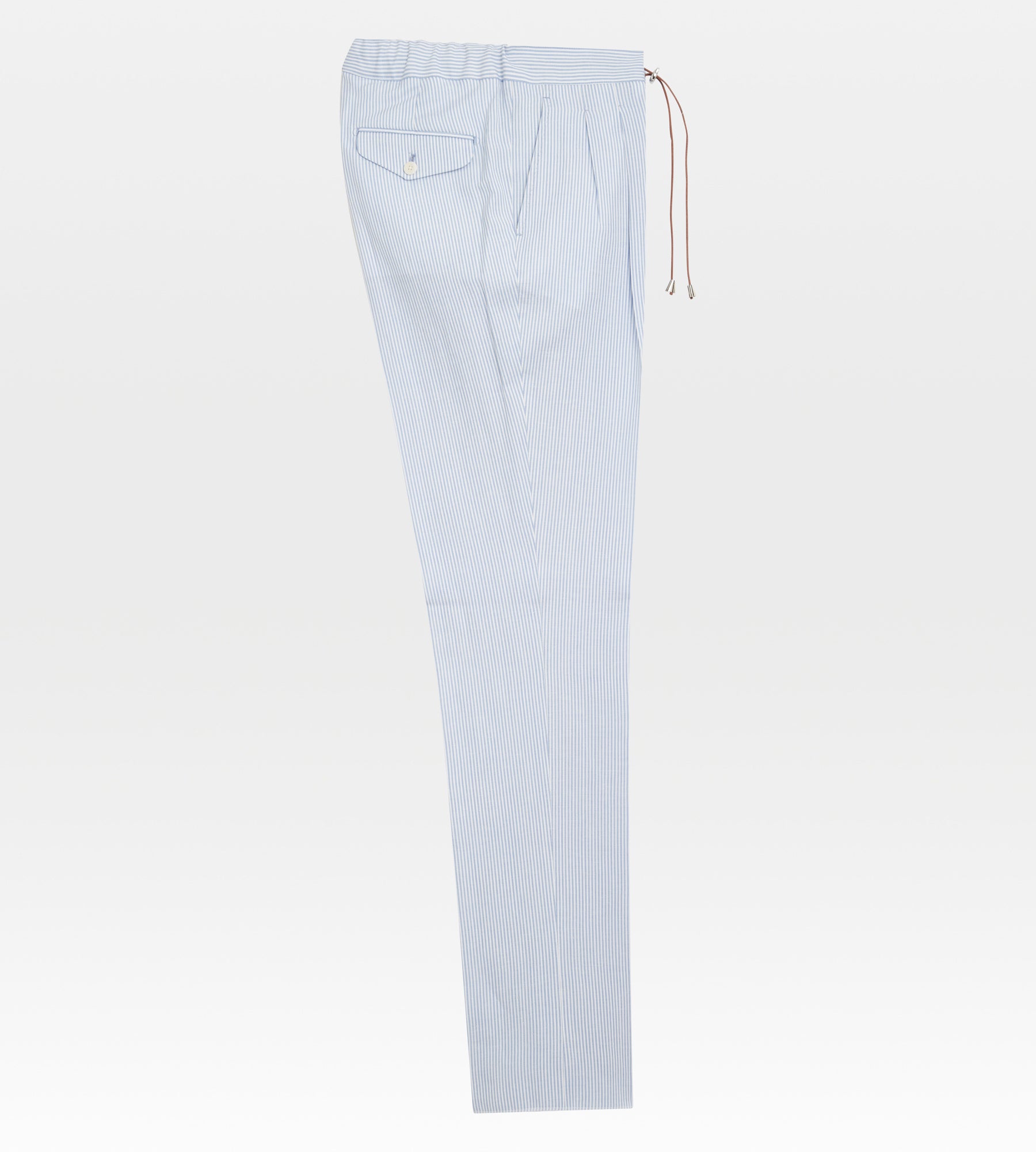 Pantalon en laine et lin rayé bleu &amp; blanc à cordon