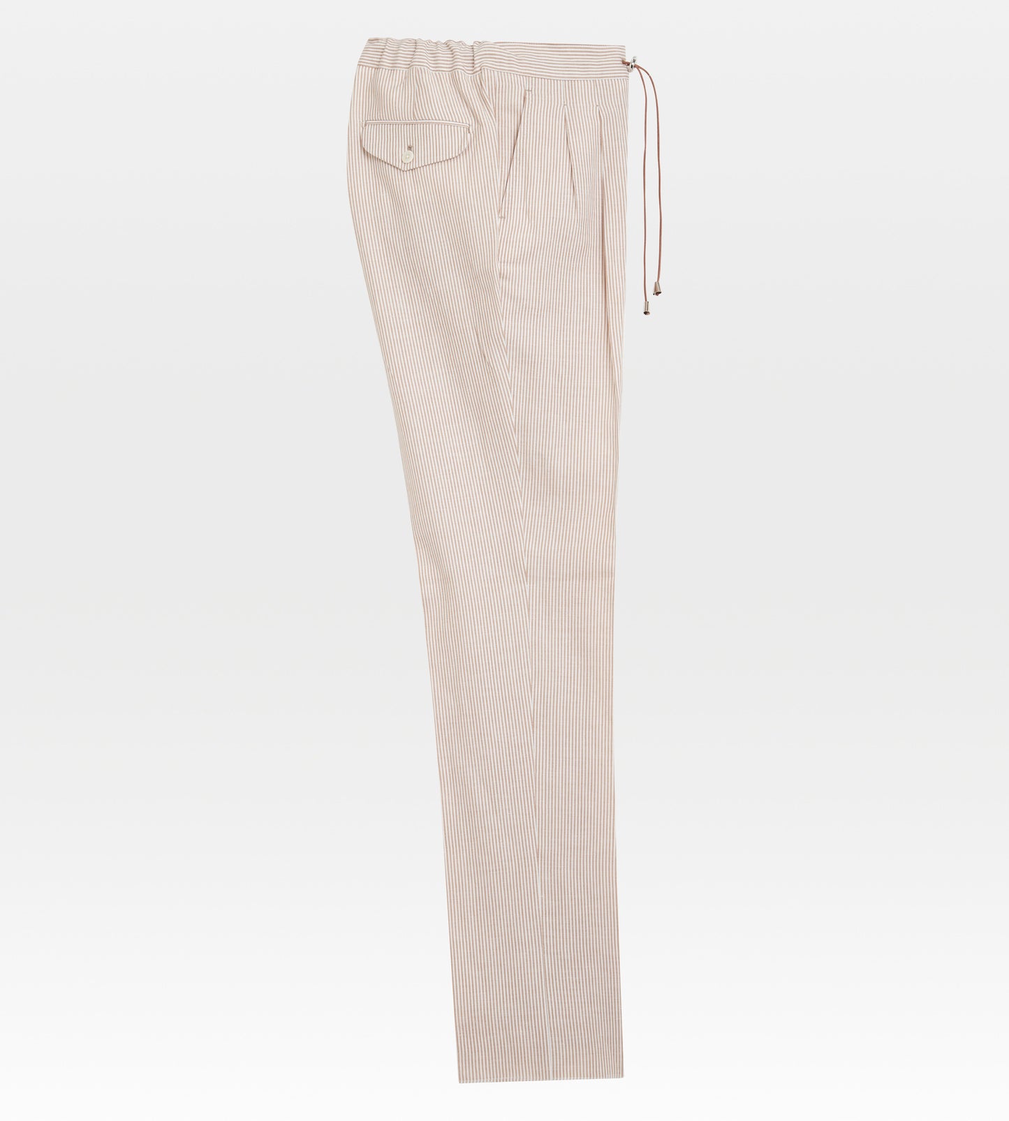 Pantalon en laine et lin rayé marron clair & blanc à cordon