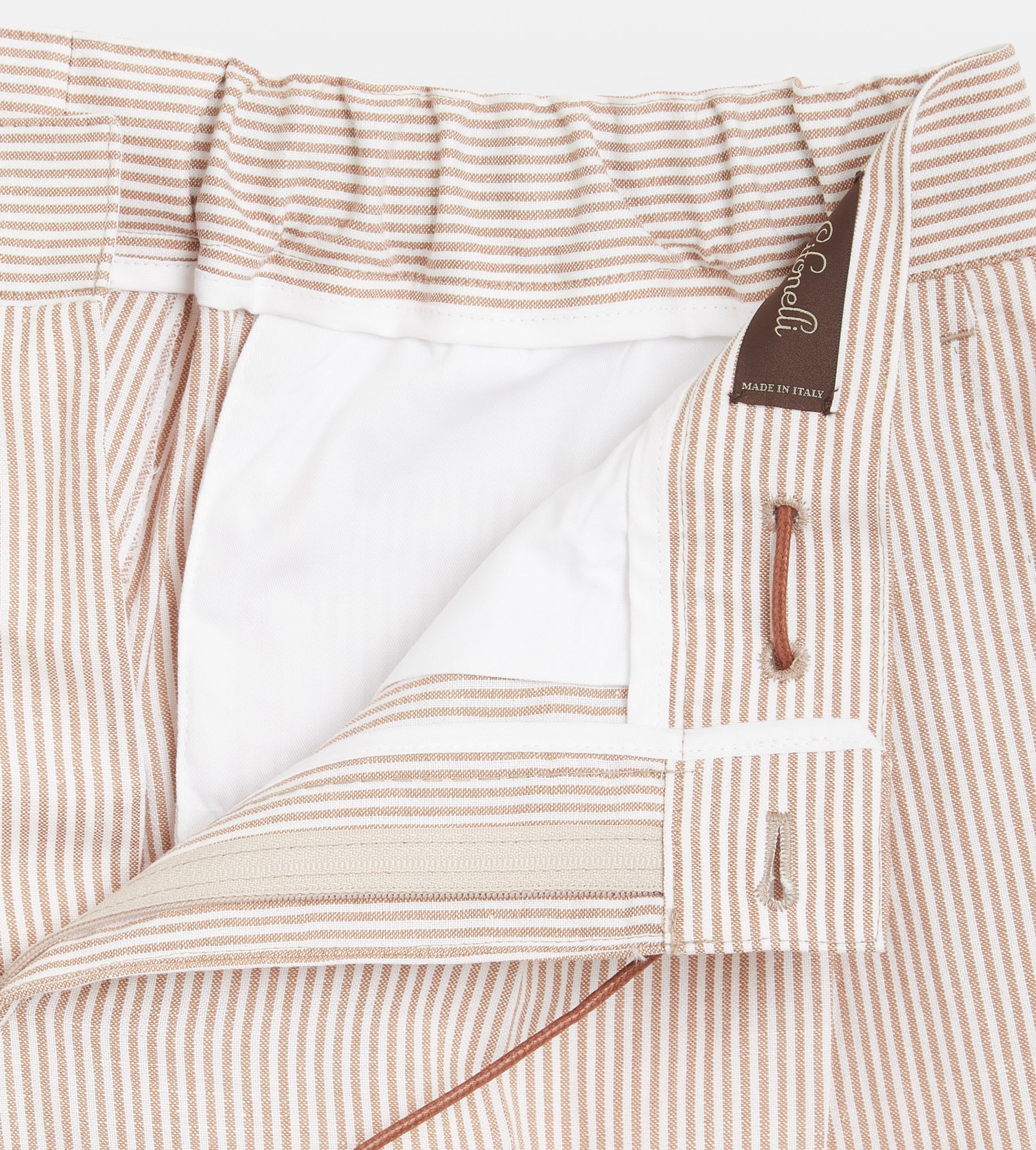 Pantalon en laine et lin rayé marron clair &amp; blanc à cordon